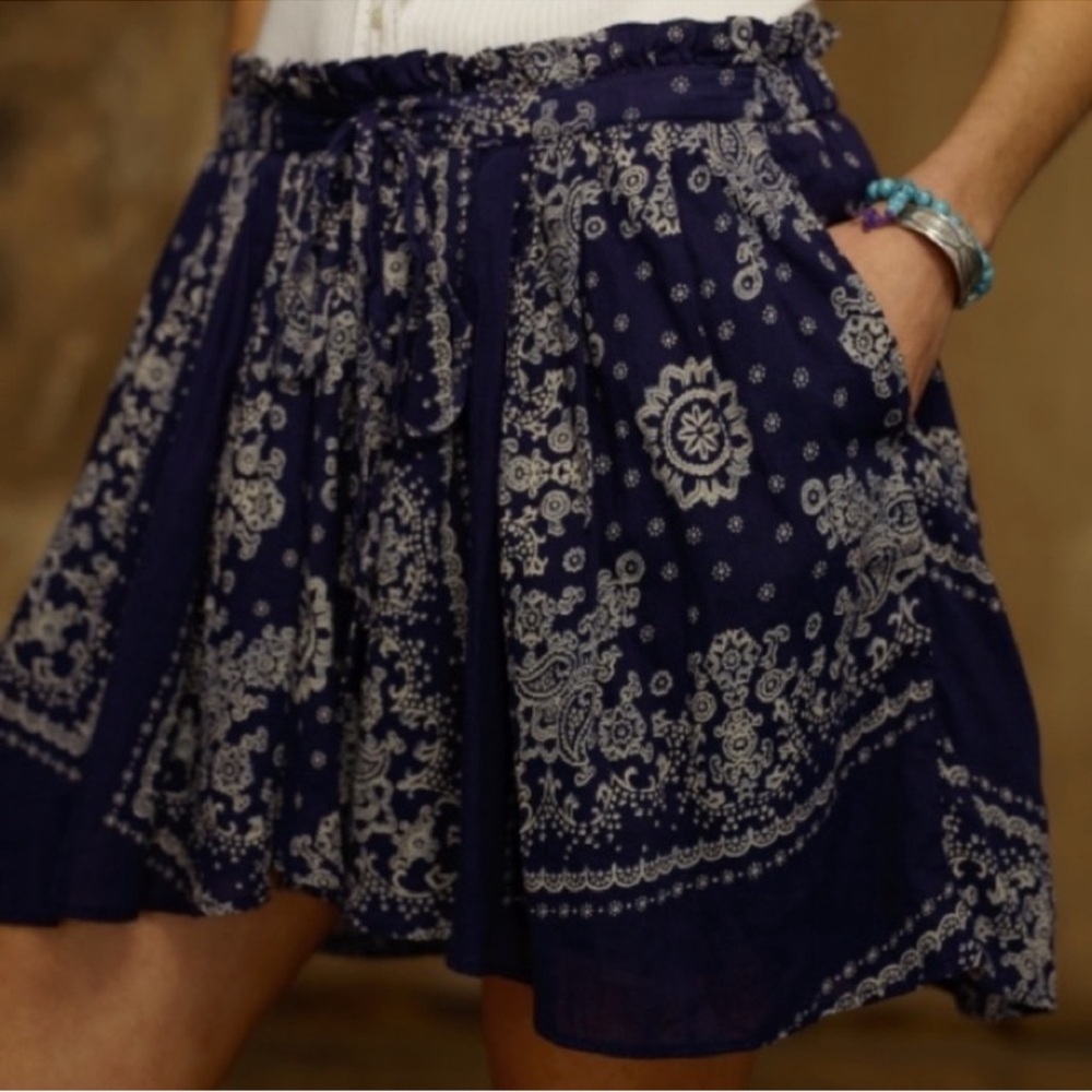 Denim & Ralph Lauren Navy Paisley Tie-Waist Mini Skirt M
